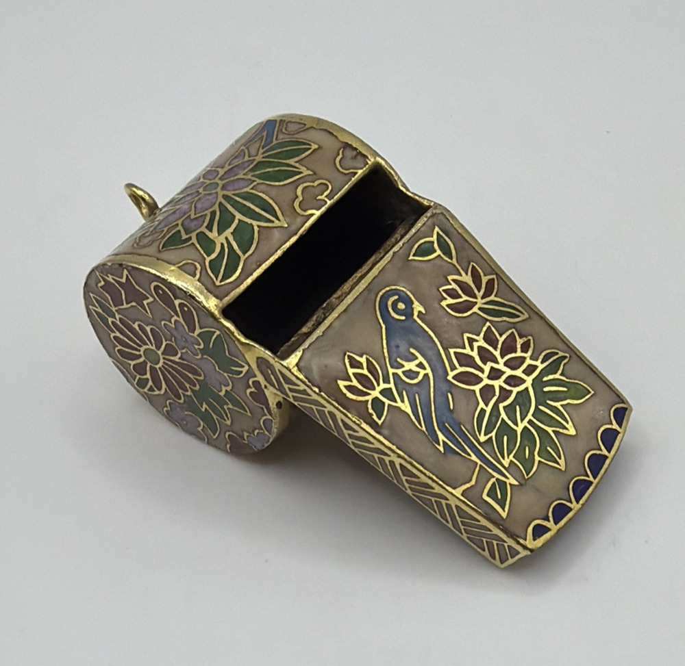 Vintage Cloisonné Metal Enamel Whistle Pendant Charm Bird Flowers Floral